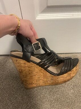 Aldo Black Strappy Cork Wedge Sandals